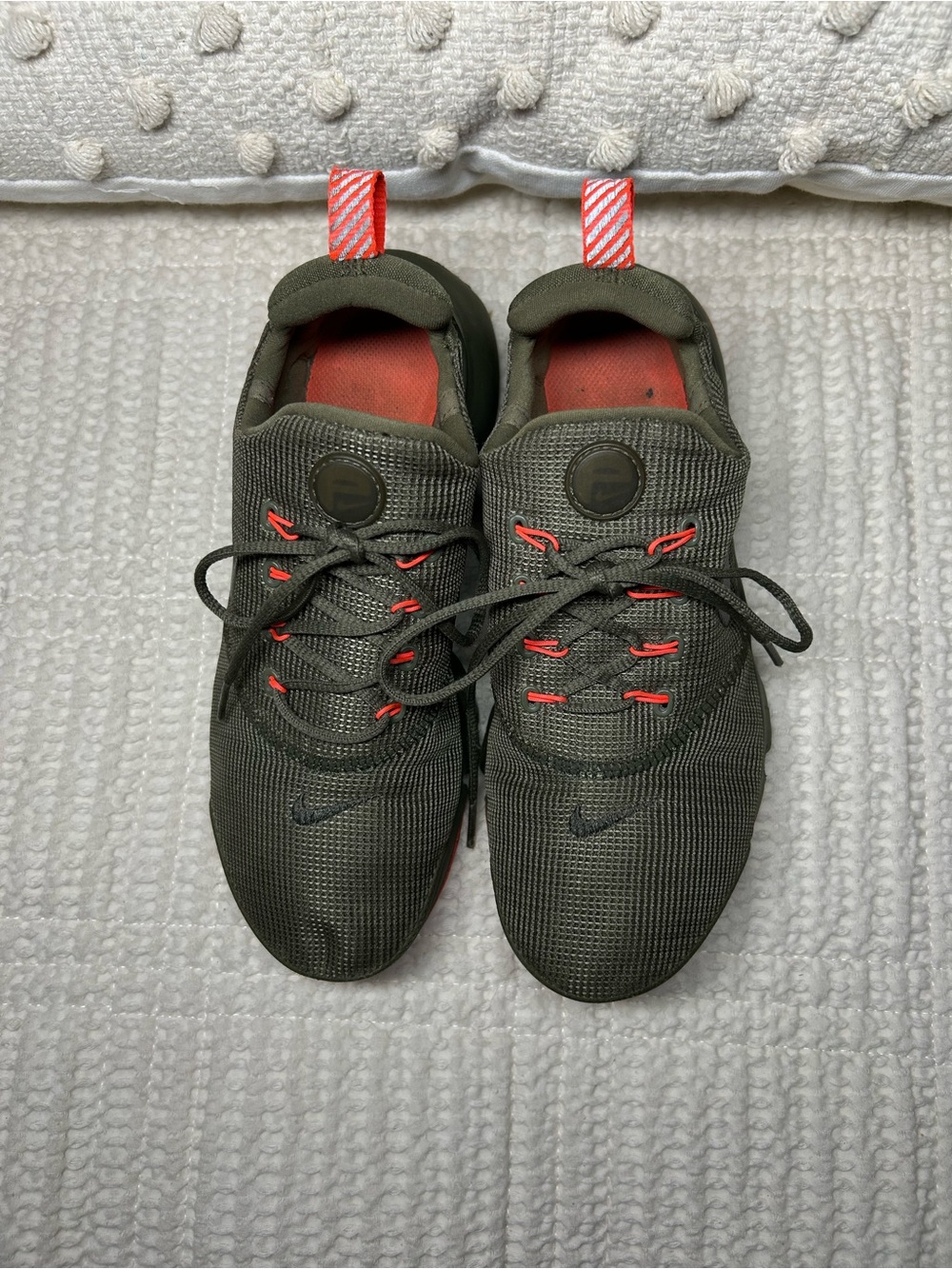 Youth Size 5 Nike Olive Green Athletic Sneakers with Orange Accents